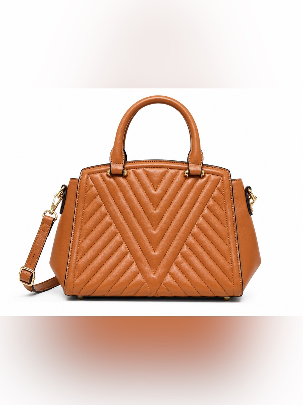 Quilted V-Panel Crossbody Satchel in Cognac